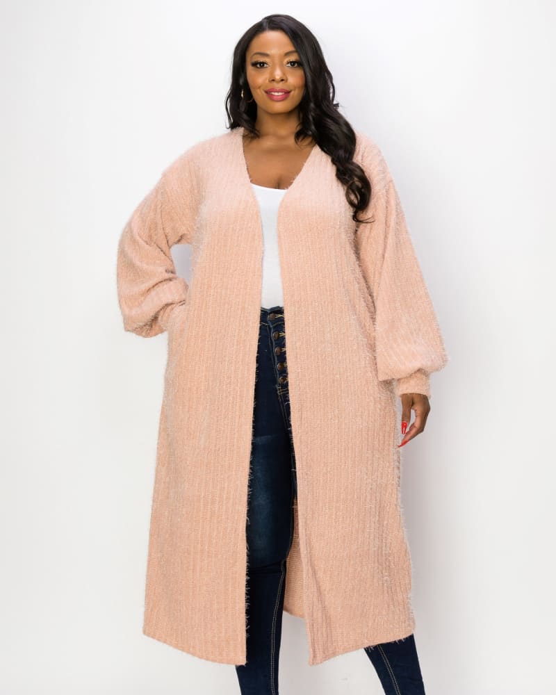 Front of a model wearing a size 2X Serilda Faux Feather Cardigan in Nude by L I V D. | dia_product_style_image_id:258050